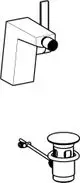 Bidetarmatur von HANSA mit einem klaren, rechteckigen Design und einem Hebel zur Wasserregulation. Unten eine Zugstangenablaufgarnitur abgebildet.
